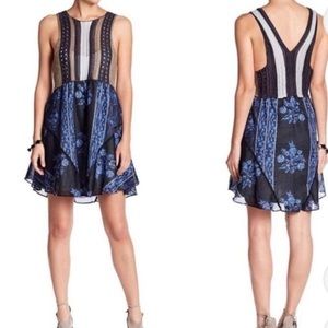Free People Dress Medium Katie Crochet Boho Gold Navy Sleeveless Knit Floral